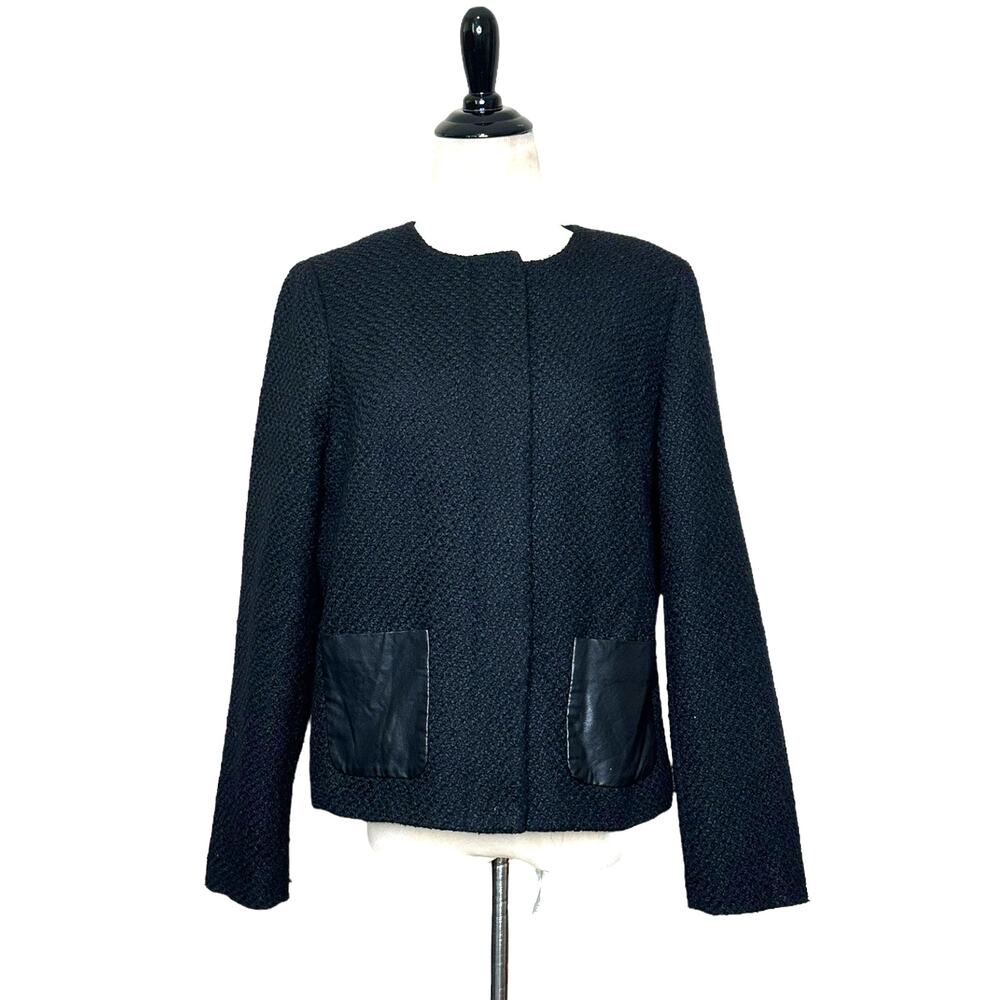 Talbots black wool boucle leather pockets zip up jacket size 8